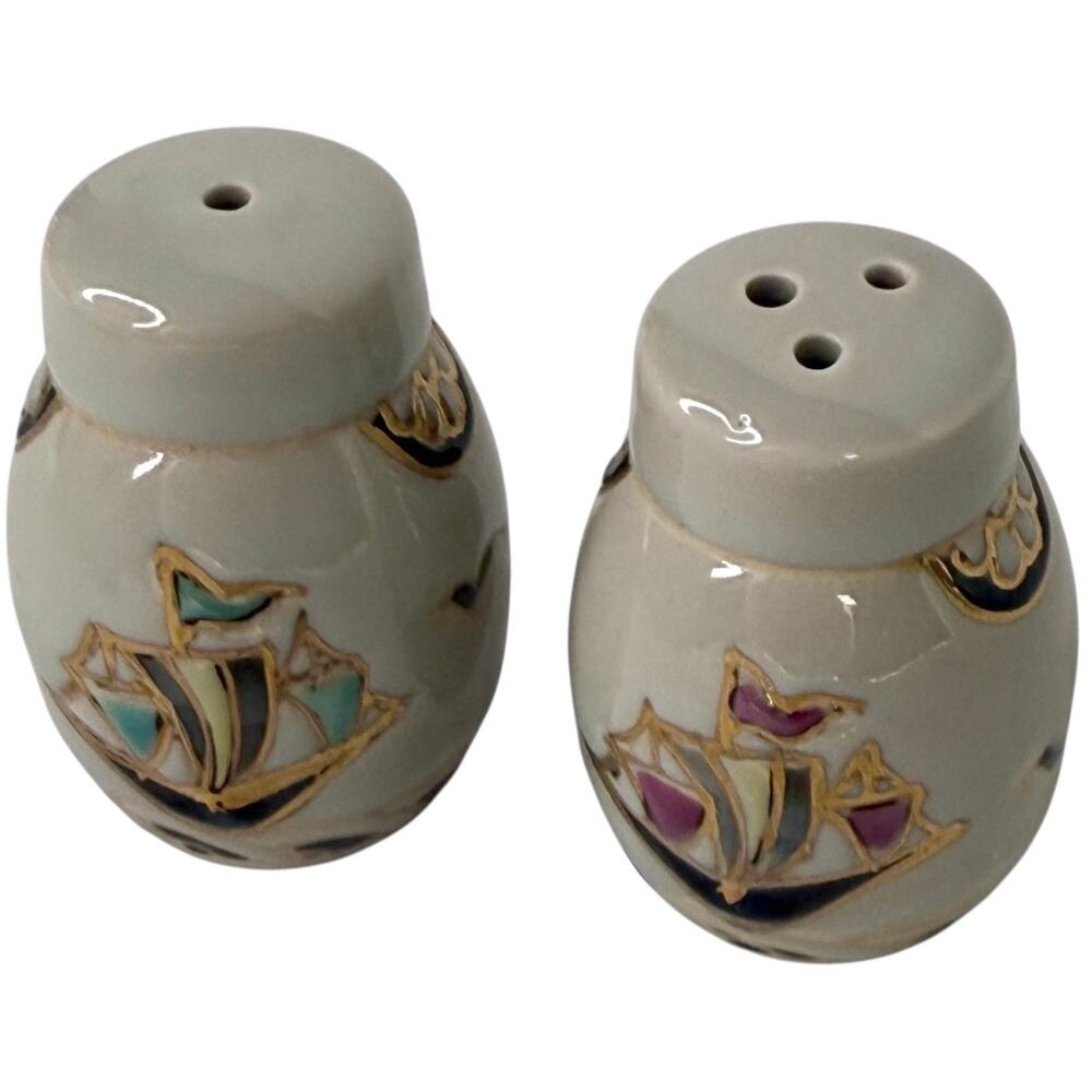 Asian Ship Sailor Salt & Pepper Shakers Nautical Cloisonne Porcelain 2" Set Vtg